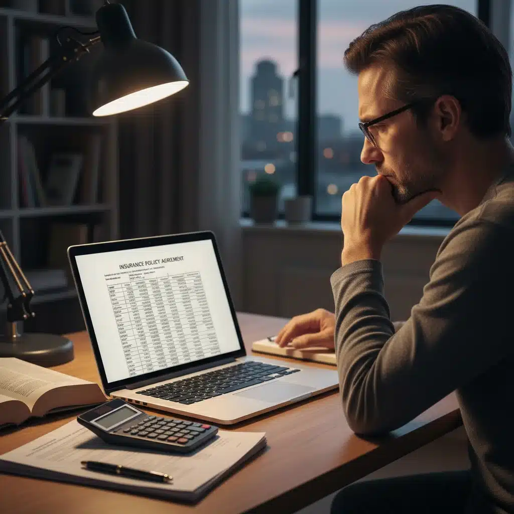 Person reviewing insurance policy details on laptop for savings