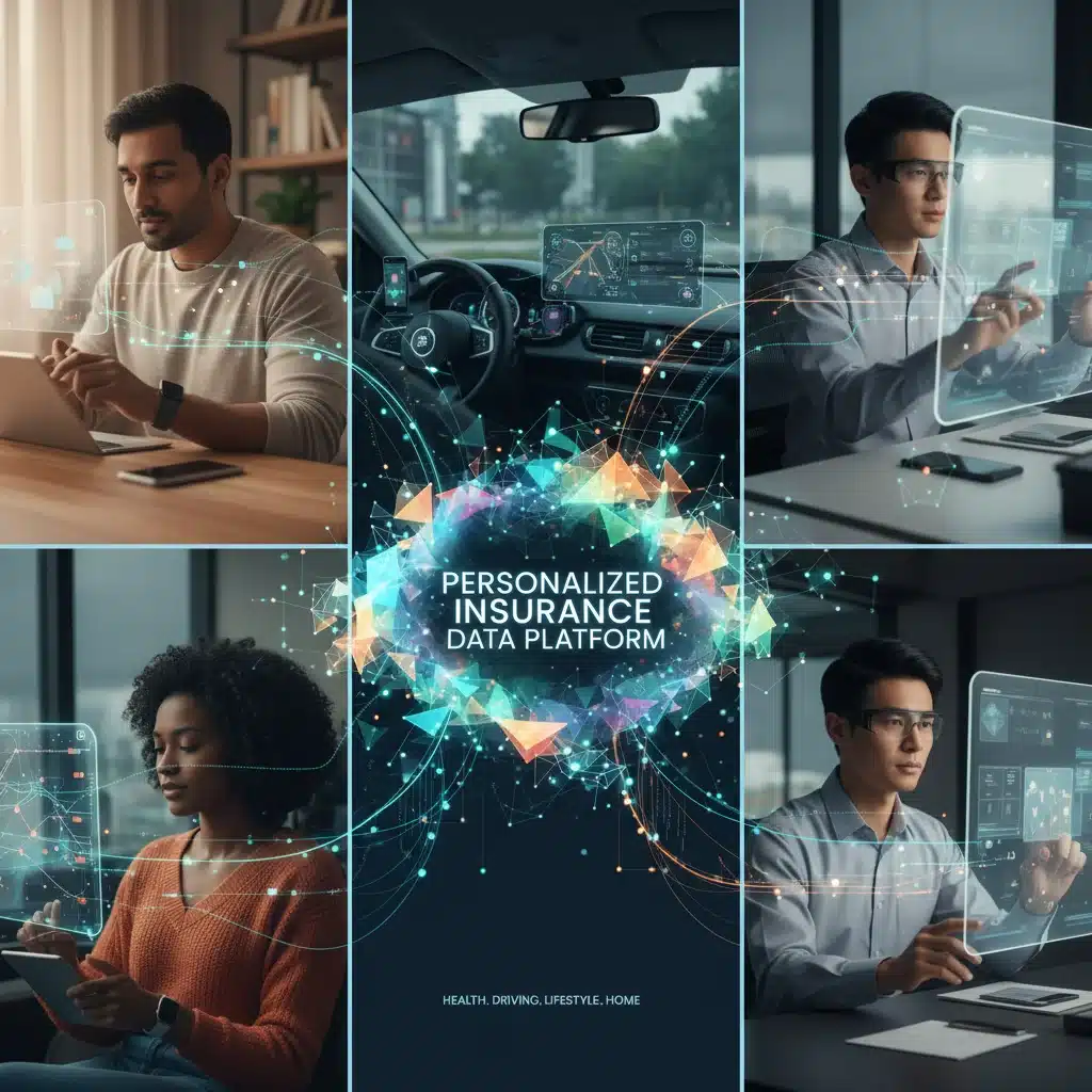Diverse people using smart devices, with data points connecting to a central cloud, illustrating personalized insurance data collection.
