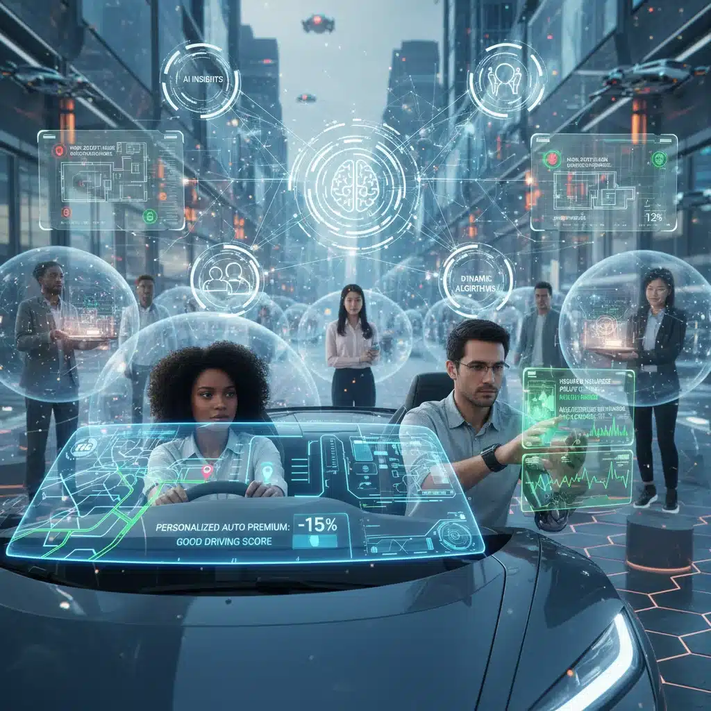 Individuals with data overlays showing personalized insurance and dynamic pricing