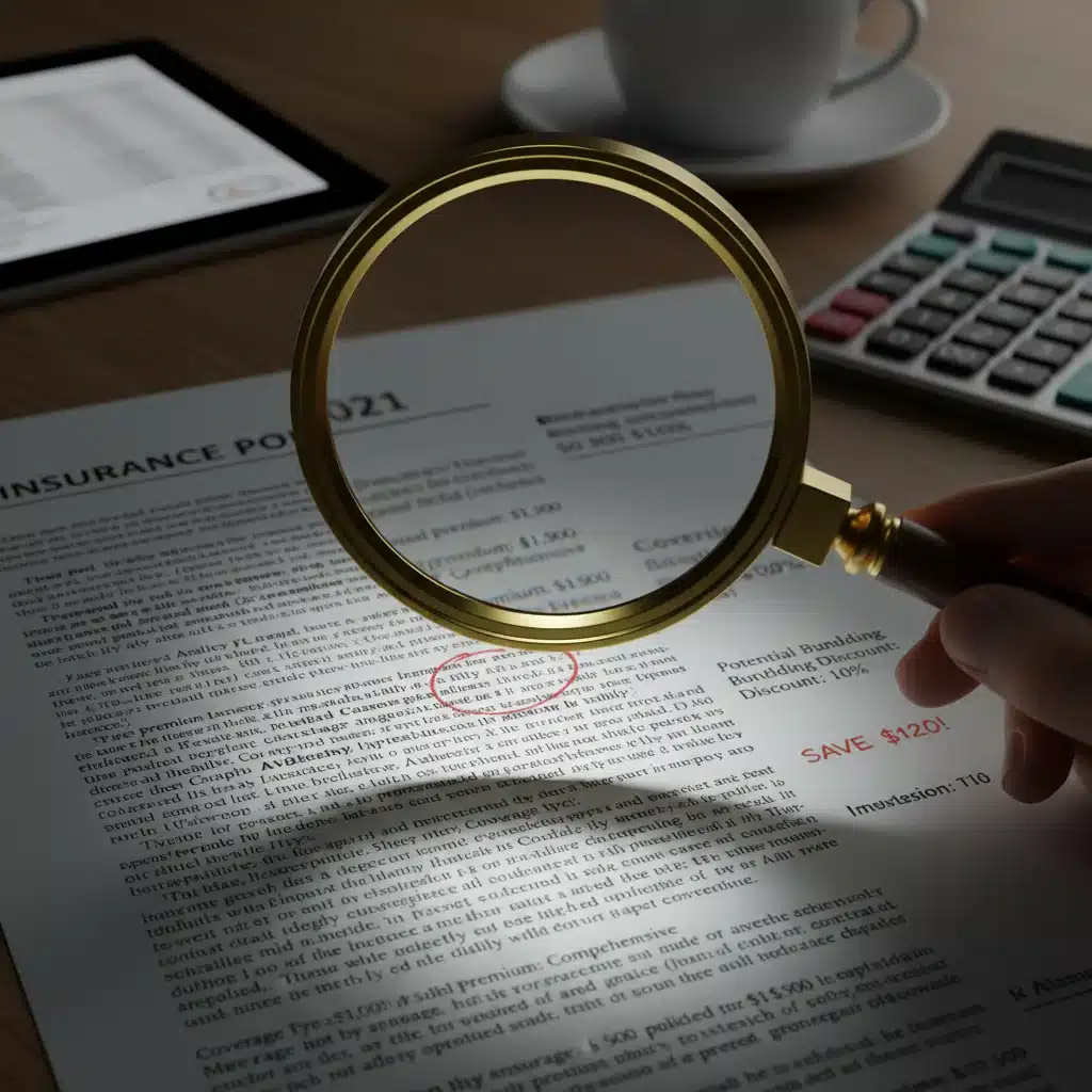 Magnifying glass examining fine print of an insurance policy for potential savings.