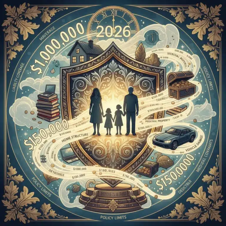 Shield protecting family and assets, illustrating insurance policy limits for 2026.