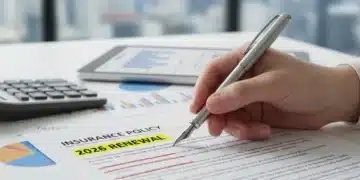 Hand with pen over policy document, emphasizing 2026 renewal and financial planning for savings.