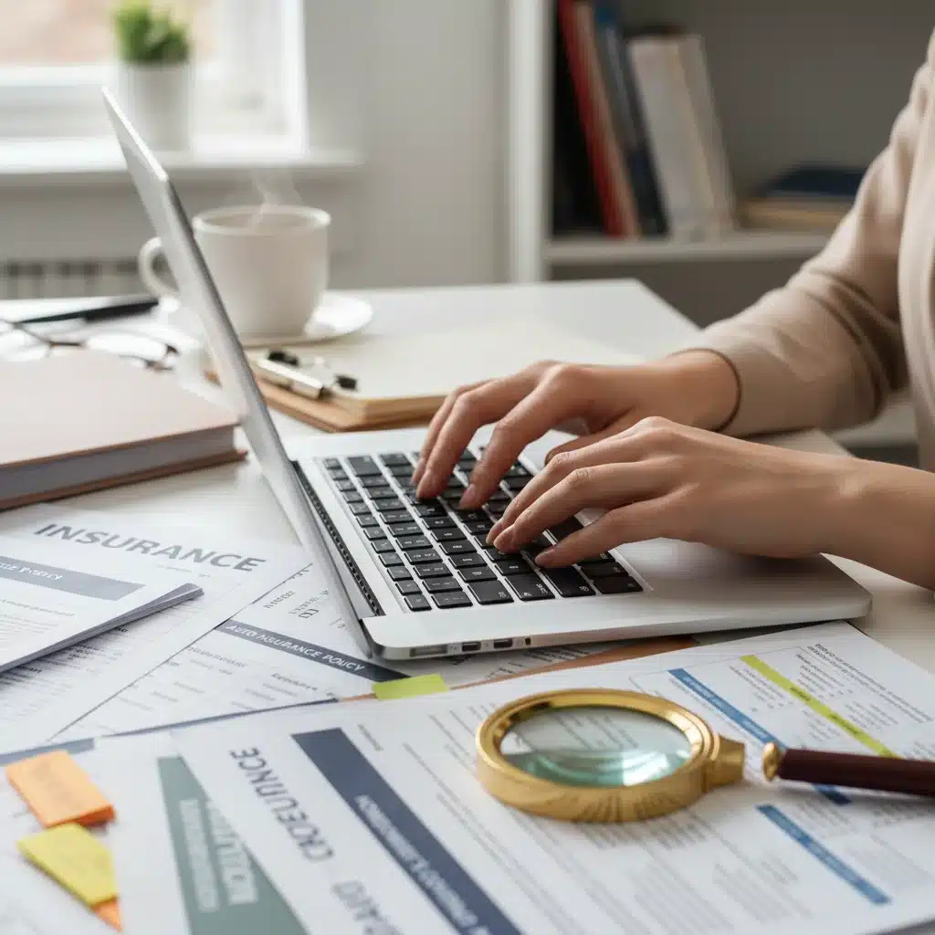 Reviewing insurance policies on a laptop for savings