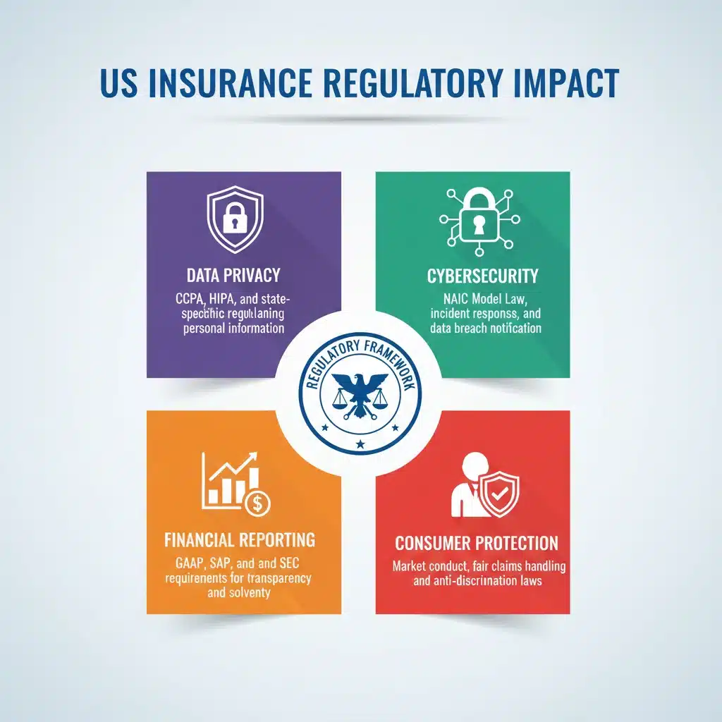 Infographic detailing key regulatory impact areas for US insurers in 2026, including data privacy and cybersecurity.