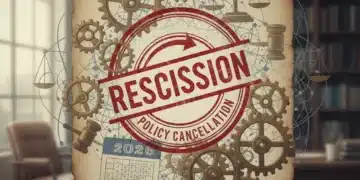 Legal document stamped 'Rescission' with gears and 2026 calendar, representing retroactive policy cancellation.