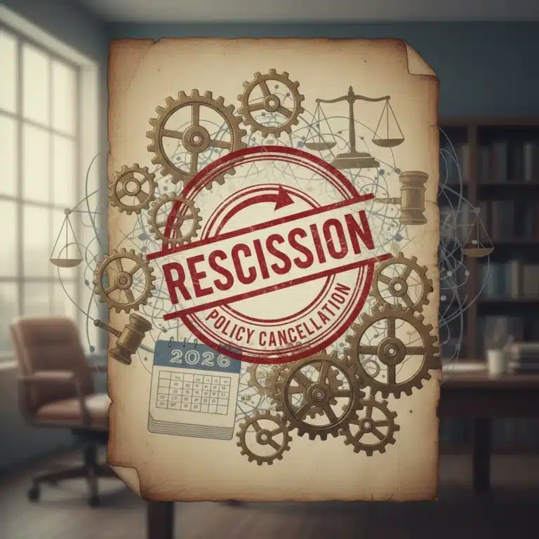 Legal document stamped 'Rescission' with gears and 2026 calendar, representing retroactive policy cancellation.
