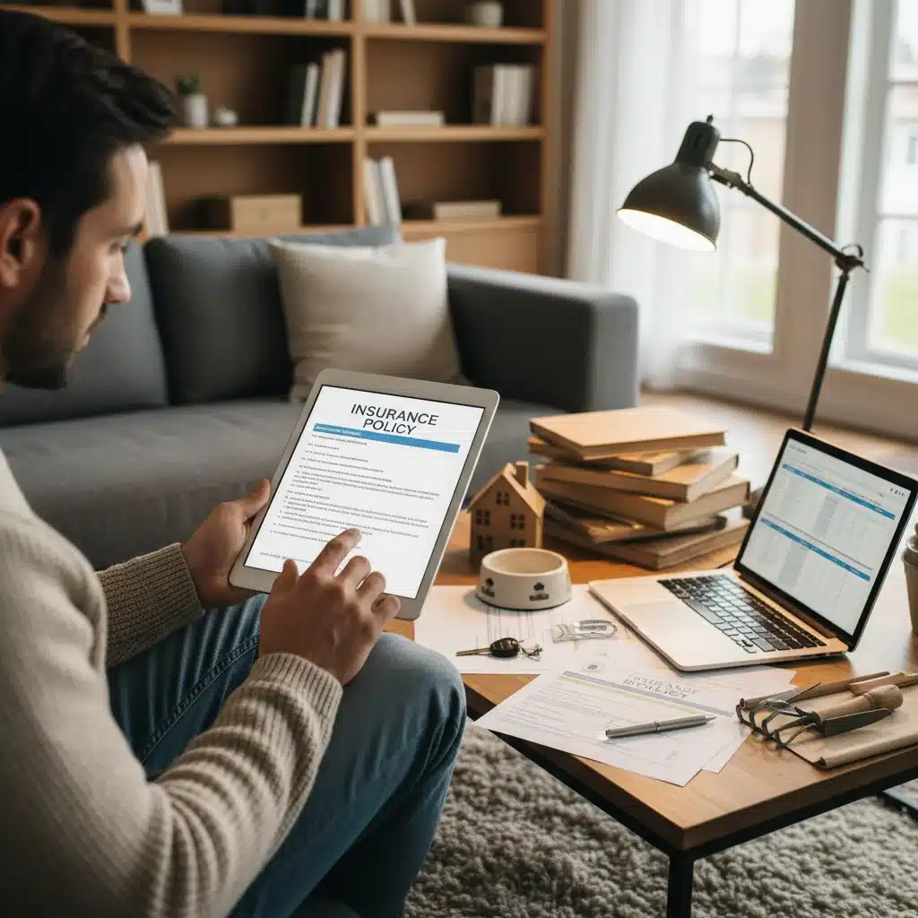 Homeowner reviewing insurance policy documents on a tablet, focusing on details.