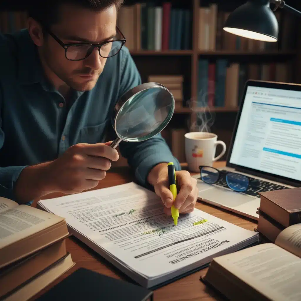 Person reviewing insurance policy with magnifying glass, focusing on cancellation clauses.