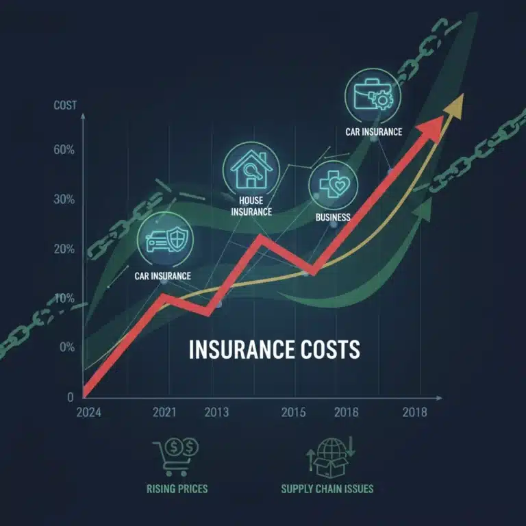Graph showing rising insurance costs with icons for various insurance types