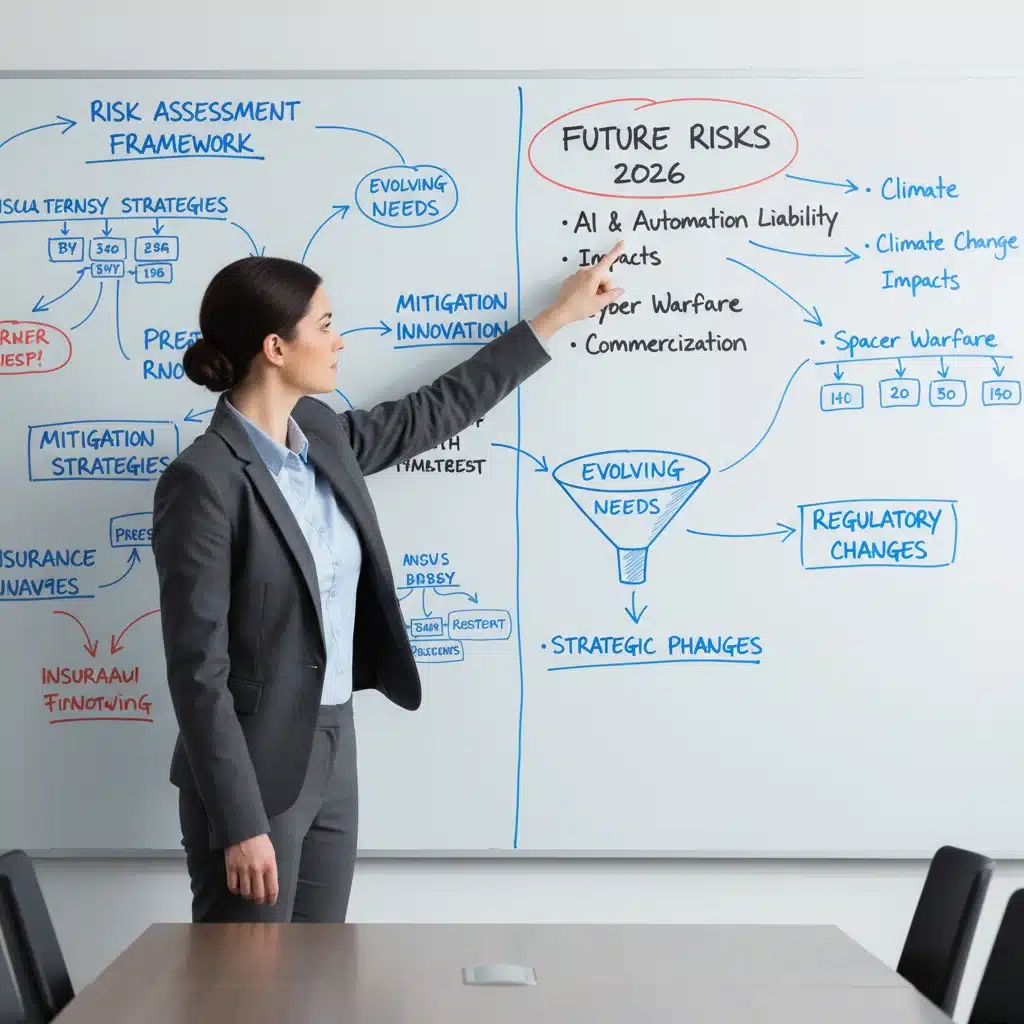 Person analyzing risk assessment and mitigation strategies on a whiteboard, focusing on 'Future Risks 2026' for proactive insurance planning.