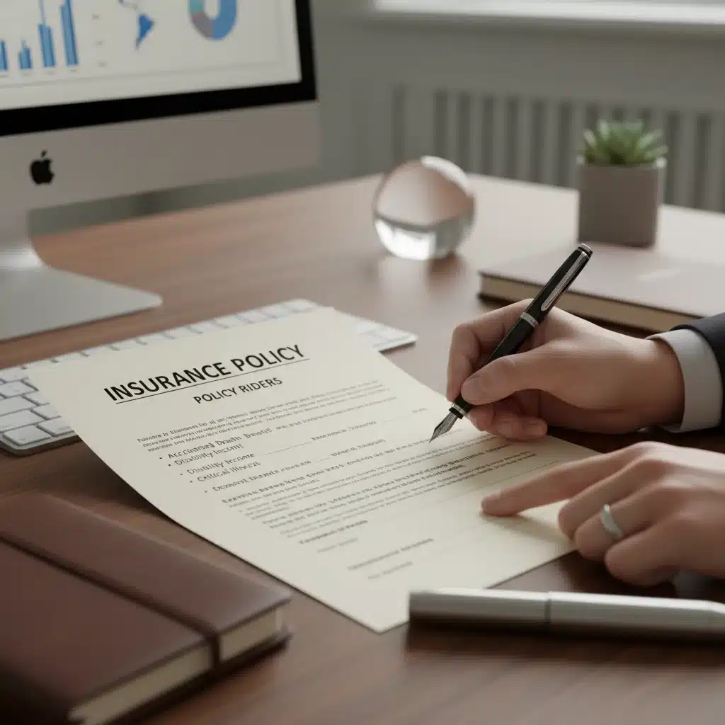 Hand signing insurance document, highlighting the riders section for policy customization.