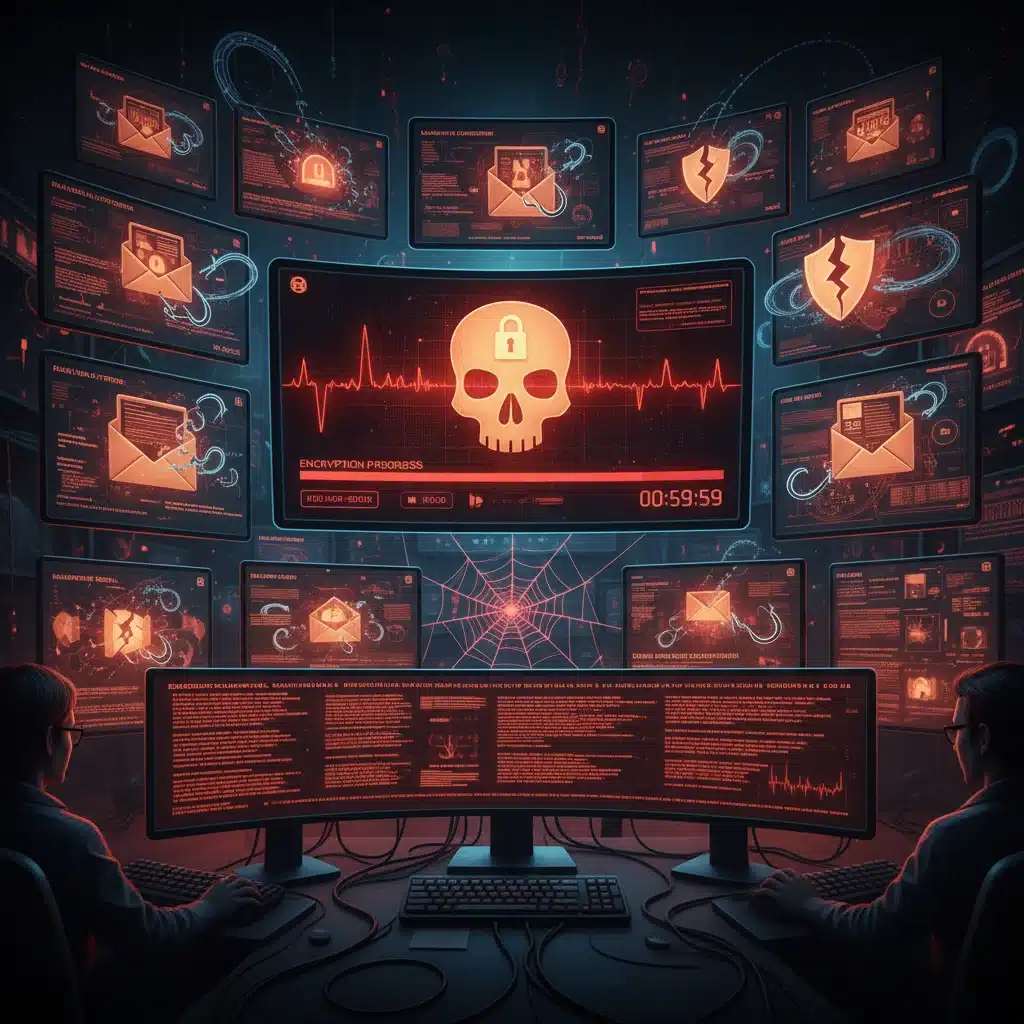 Multiple screens displaying ransomware, phishing, and data breach icons, symbolizing sophisticated cyber threats.
