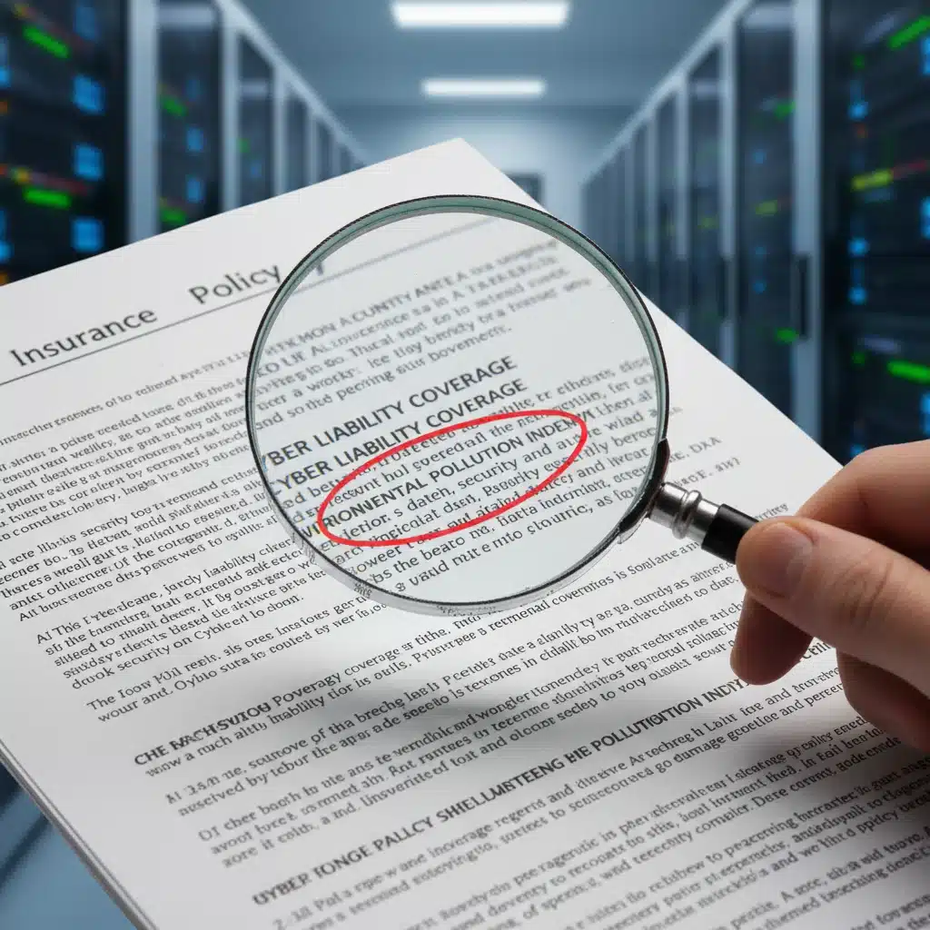 Close-up of a hand examining a specialized insurance policy for cyber and environmental liabilities.