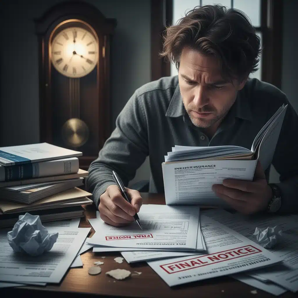 Stressed individual reviewing insurance documents, highlighting the importance of understanding policy terms.
