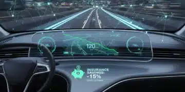 Futuristic car dashboard with telematics data showing insurance savings graph