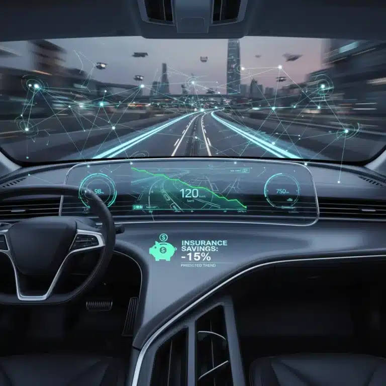 Futuristic car dashboard with telematics data showing insurance savings graph