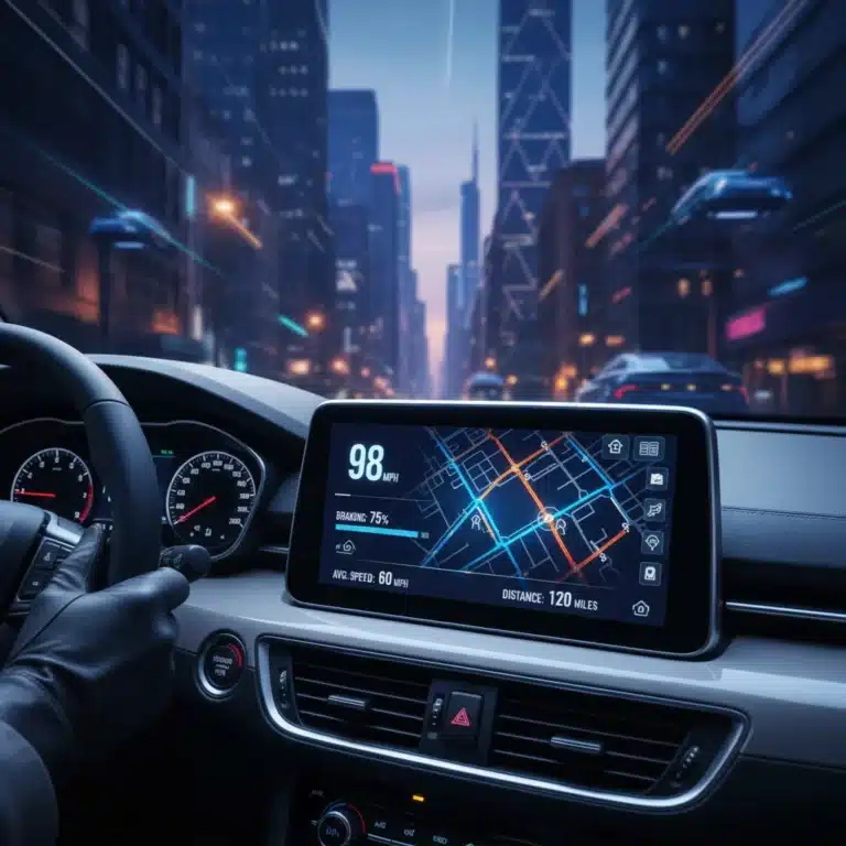 Telematics device in car dashboard showing driving data, symbolizing insurance savings
