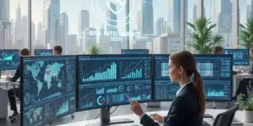 Insurance underwriter assessing risk factors on a computer in a modern office.