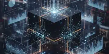 Abstract depiction of insurance underwriting black box with data streams and future trend indicators for 2026.