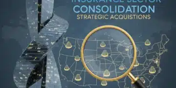 Illustration of corporate mergers and acquisitions in the US insurance market, showing buildings combining.