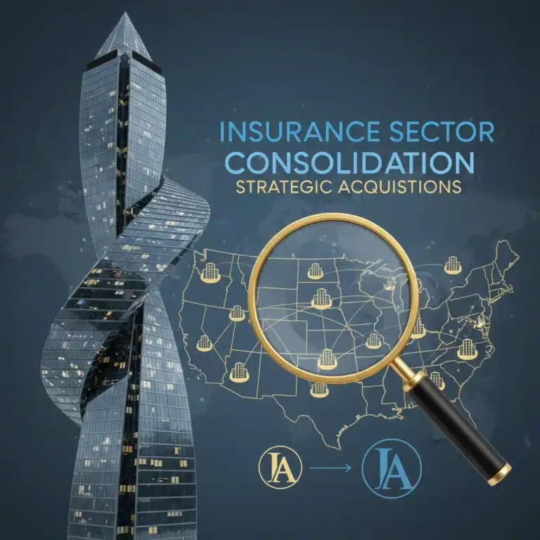 Illustration of corporate mergers and acquisitions in the US insurance market, showing buildings combining.