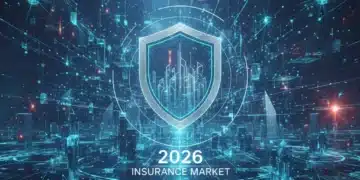 Futuristic digital shield representing 2026 insurance market protection and data connectivity.
