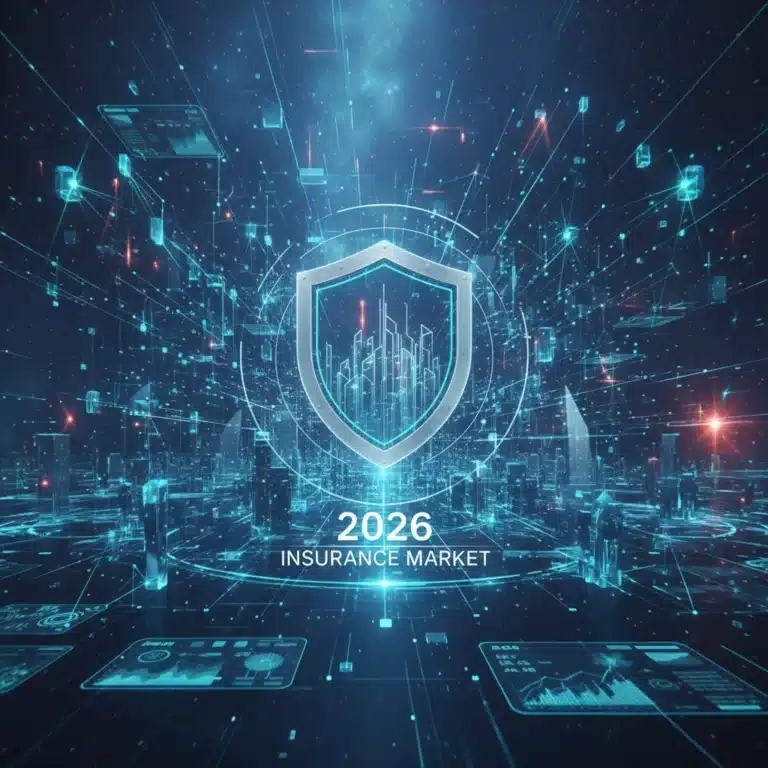 Futuristic digital shield representing 2026 insurance market protection and data connectivity.