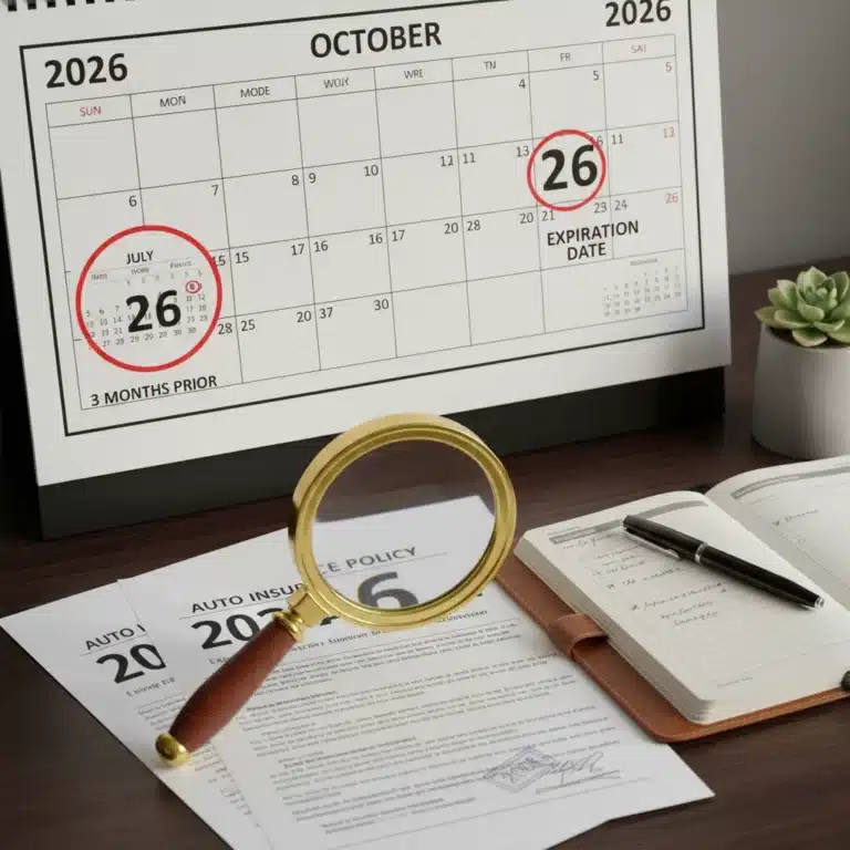 Calendar highlighting 2026 expiration with magnifying glass on policy documents