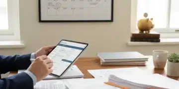 Man reviewing 2026 insurance policies on tablet and paper
