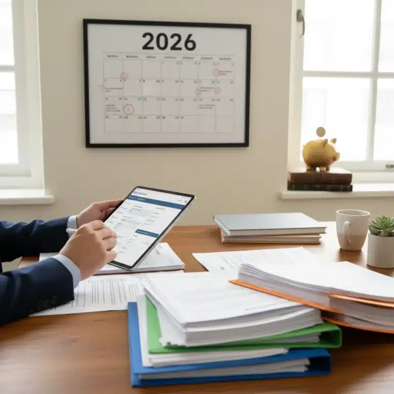 Man reviewing 2026 insurance policies on tablet and paper