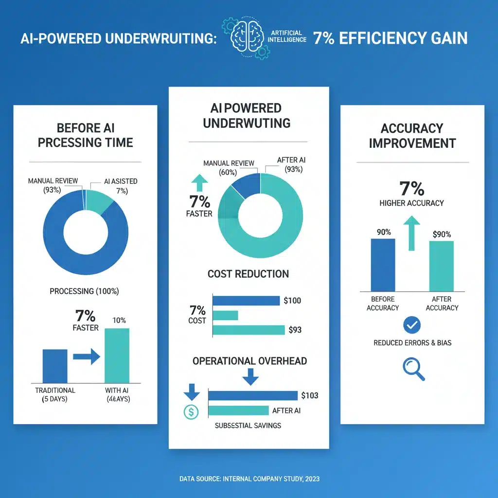 Infographic detailing a 7% efficiency gain in underwriting processes through AI, showing reduced processing times and improved accuracy.