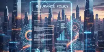 AI-driven underwriting future with data flowing through a digital cityscape and gears, symbolizing efficiency and innovation in insurance.