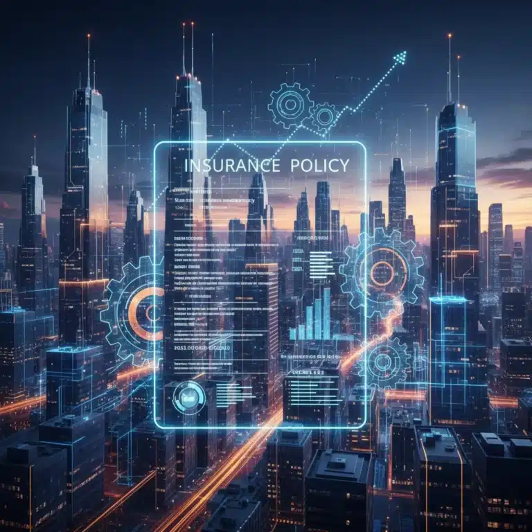 AI-driven underwriting future with data flowing through a digital cityscape and gears, symbolizing efficiency and innovation in insurance.