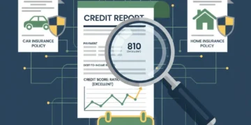 Magnifying glass over credit report and insurance policies