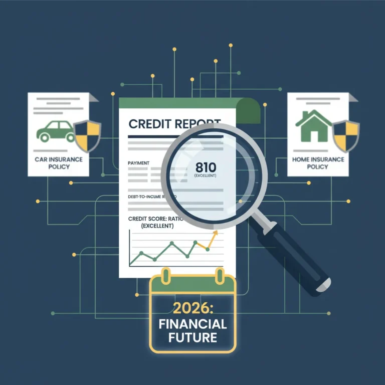 Magnifying glass over credit report and insurance policies