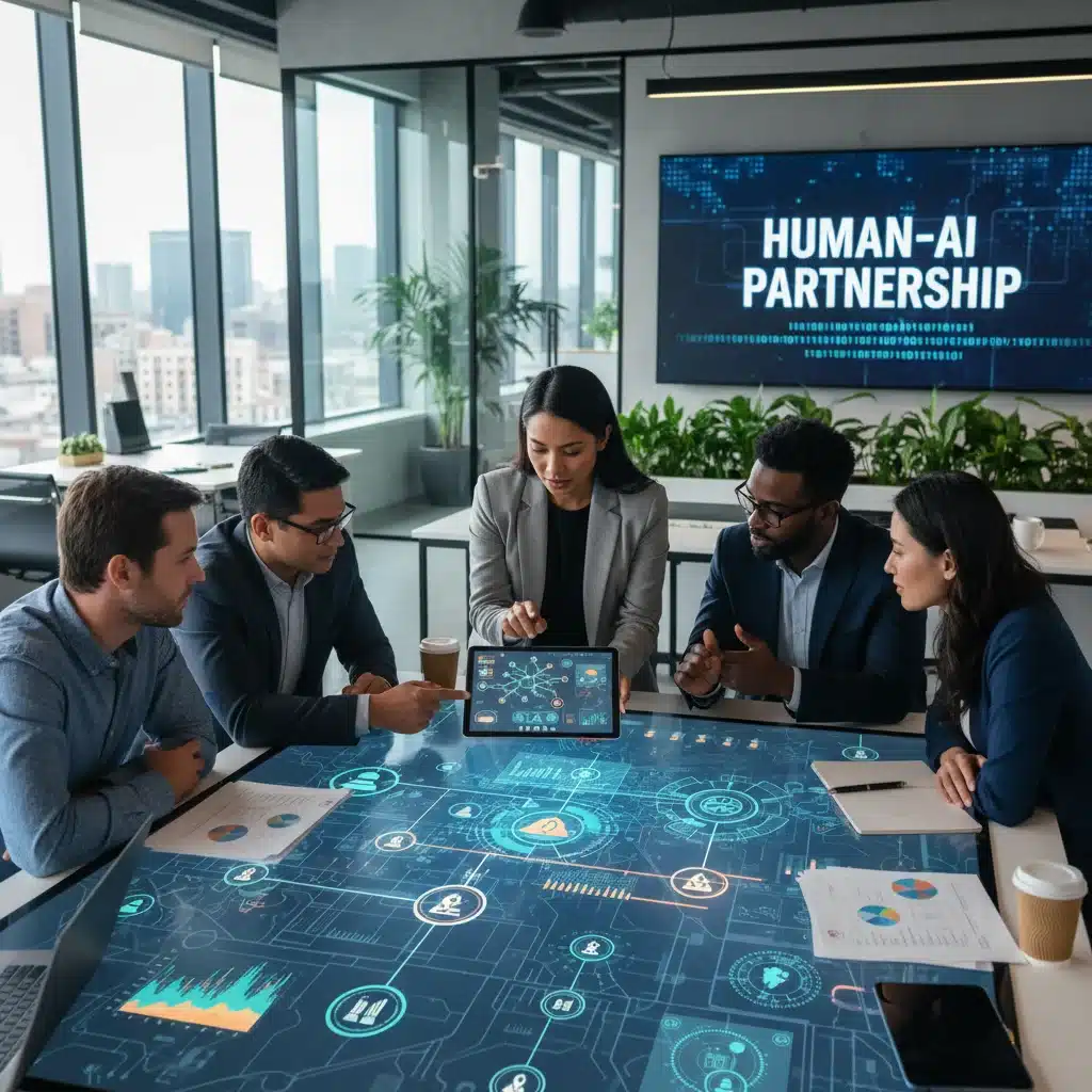 Insurance professionals collaborating with AI risk assessment models on a tablet, showcasing human-AI partnership.