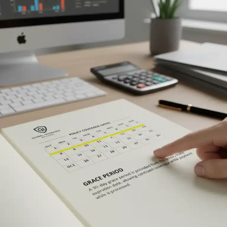 Insurance policy document with 30-day grace period highlighted, emphasizing continuous coverage.
