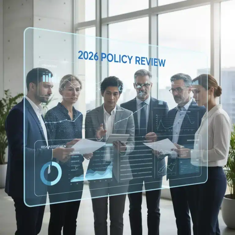 People reviewing insurance policy documents on a digital screen for 2026