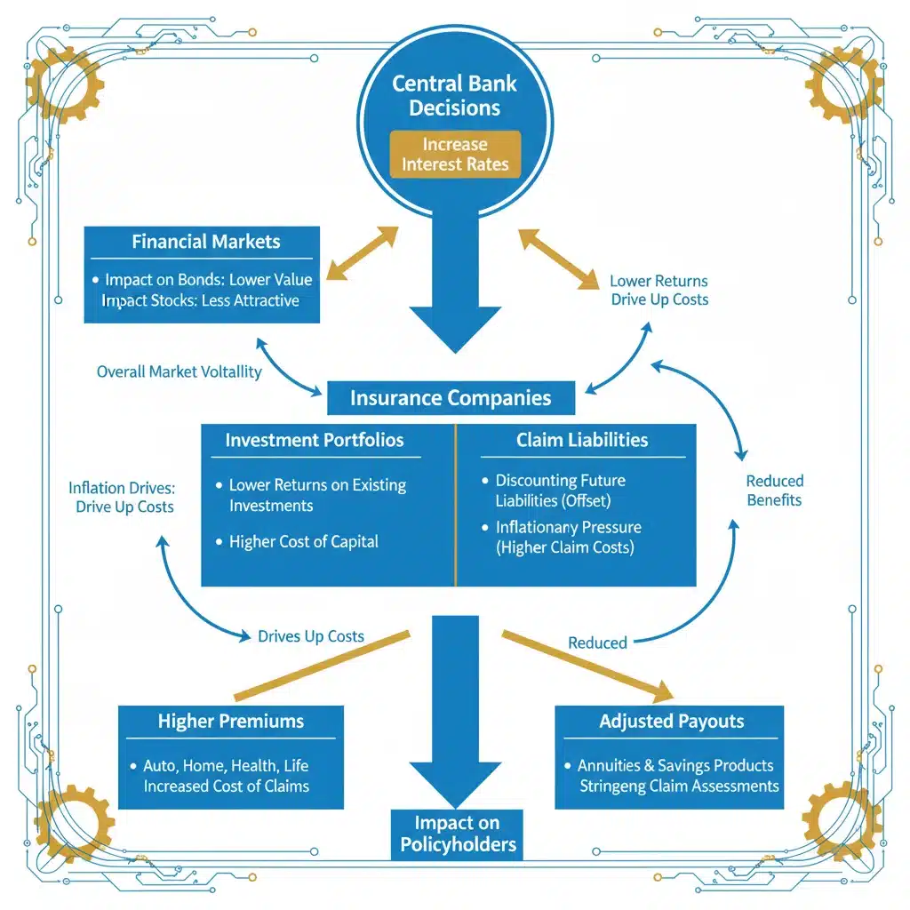Infographic explaining the chain reaction from interest rates to insurance policyholders