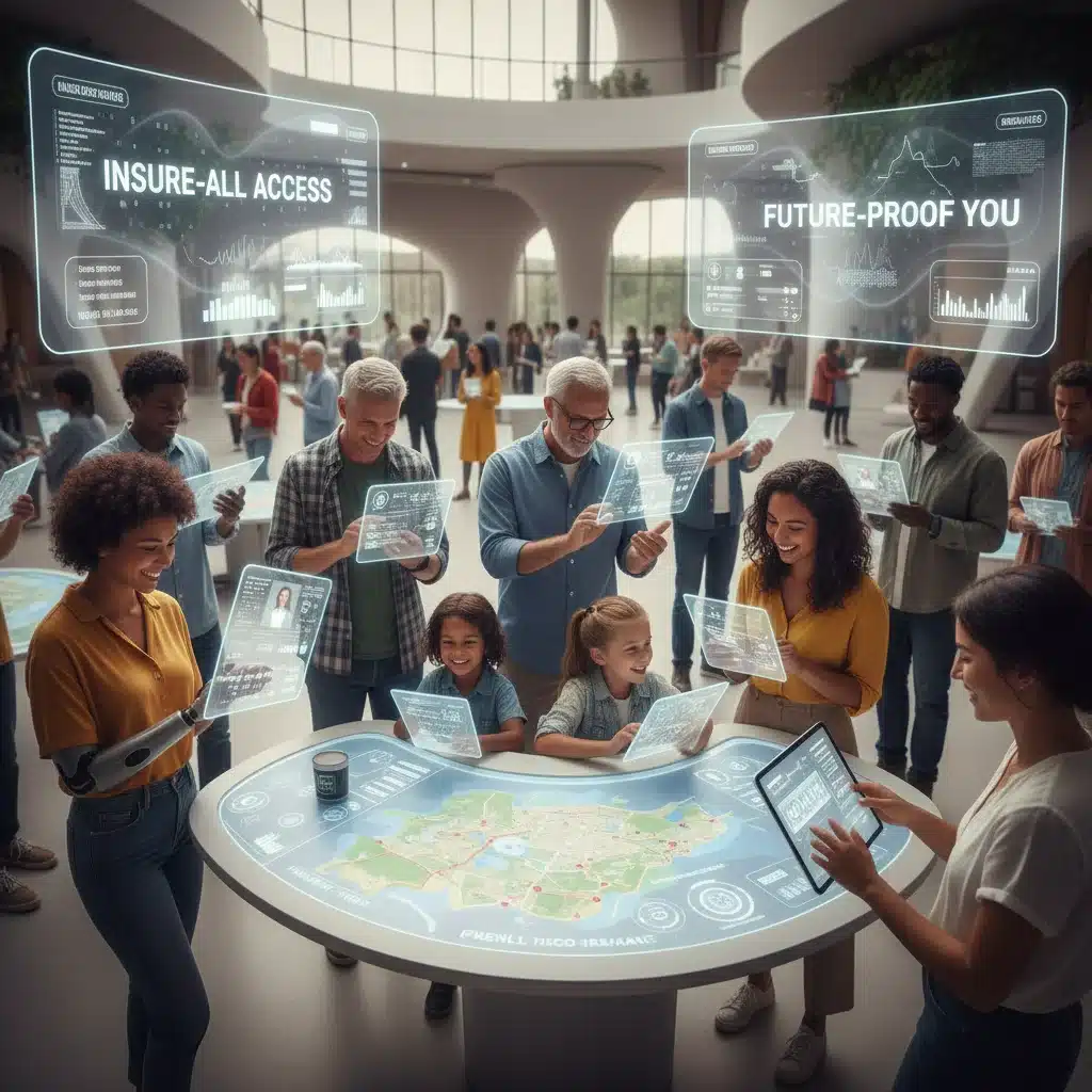 People interacting with digital insurance platforms and personalized policies.