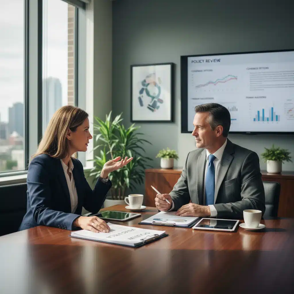 Policyholder discussing options with insurance agent
