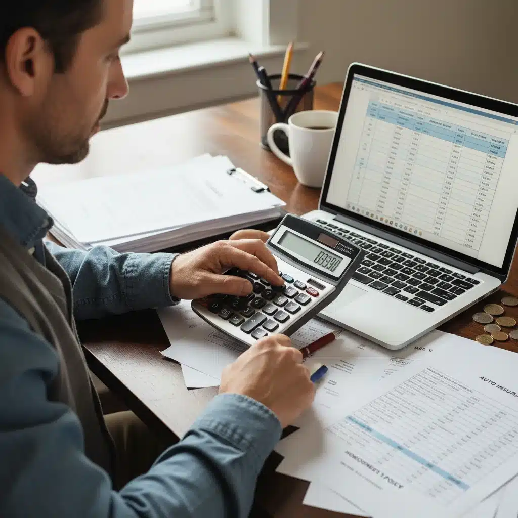 Person comparing insurance policies and calculating savings with a calculator