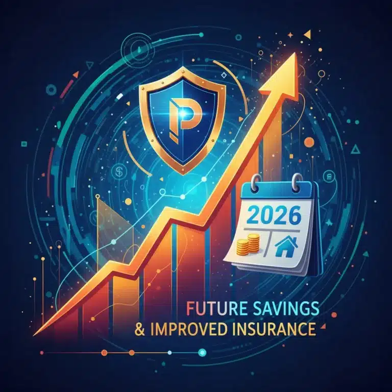 Credit score graph rising with savings and future insurance benefits