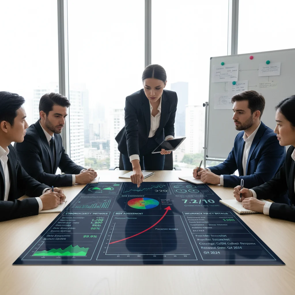 Business team analyzing cybersecurity risks and insurance data