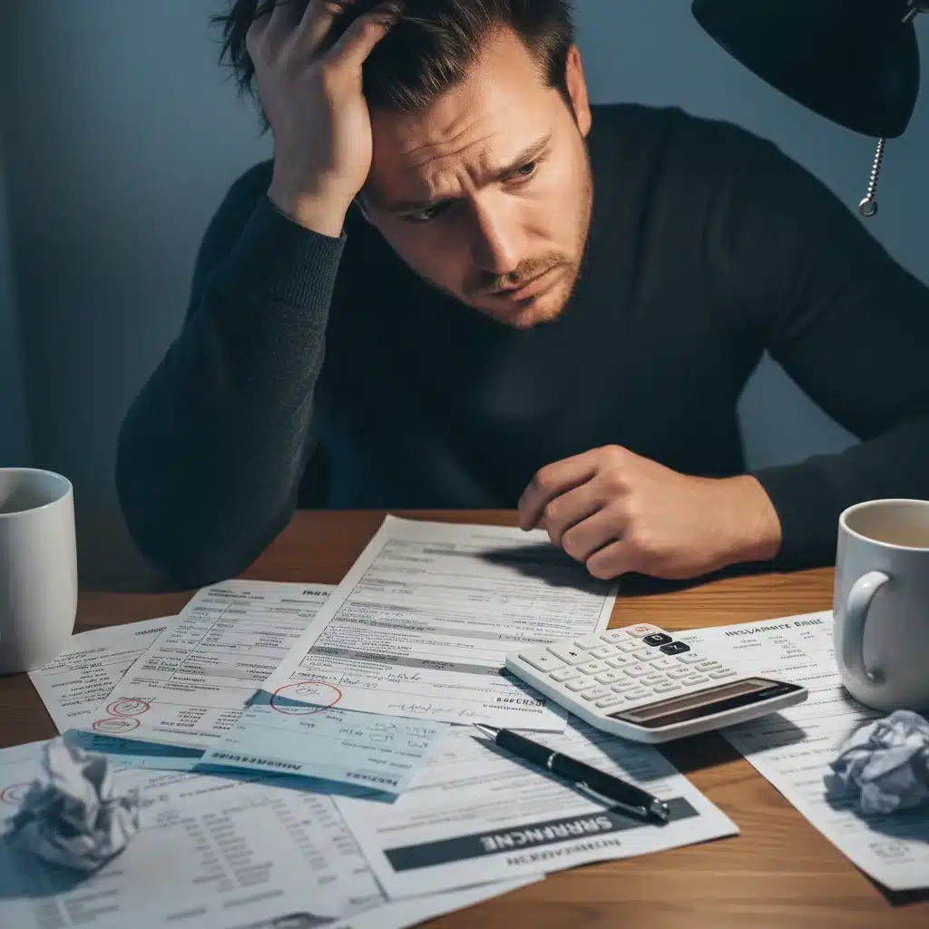 Stressed person reviewing insurance bills and calculator, showing financial burden