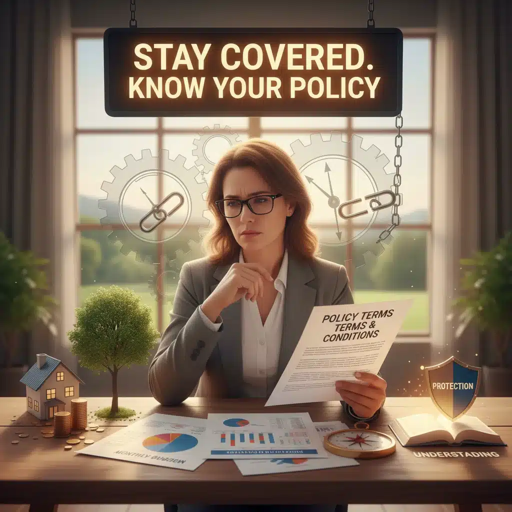 Person reviewing financial statements to prevent insurance policy lapse