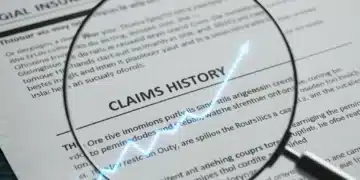Magnifying glass over insurance policy showing claims history and rising premiums graph