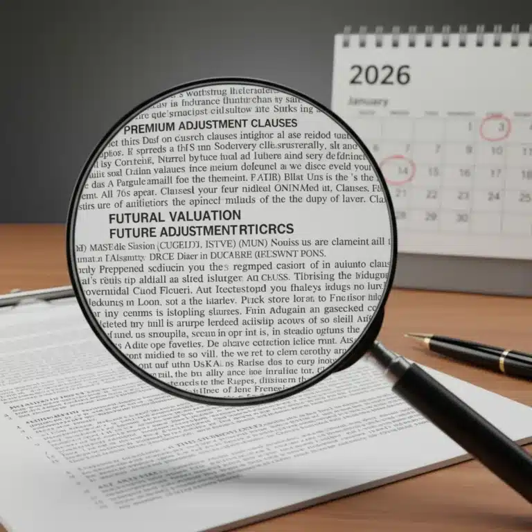 Magnifying glass examining insurance policy document for 2026 premium rates