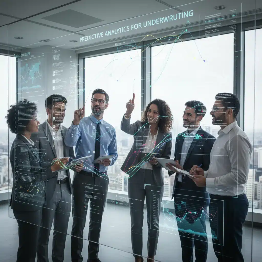 Insurance professionals collaborating on predictive analytics models
