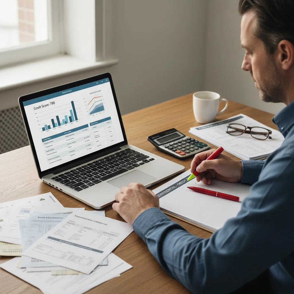 Person analyzing credit report to identify errors and areas for improvement